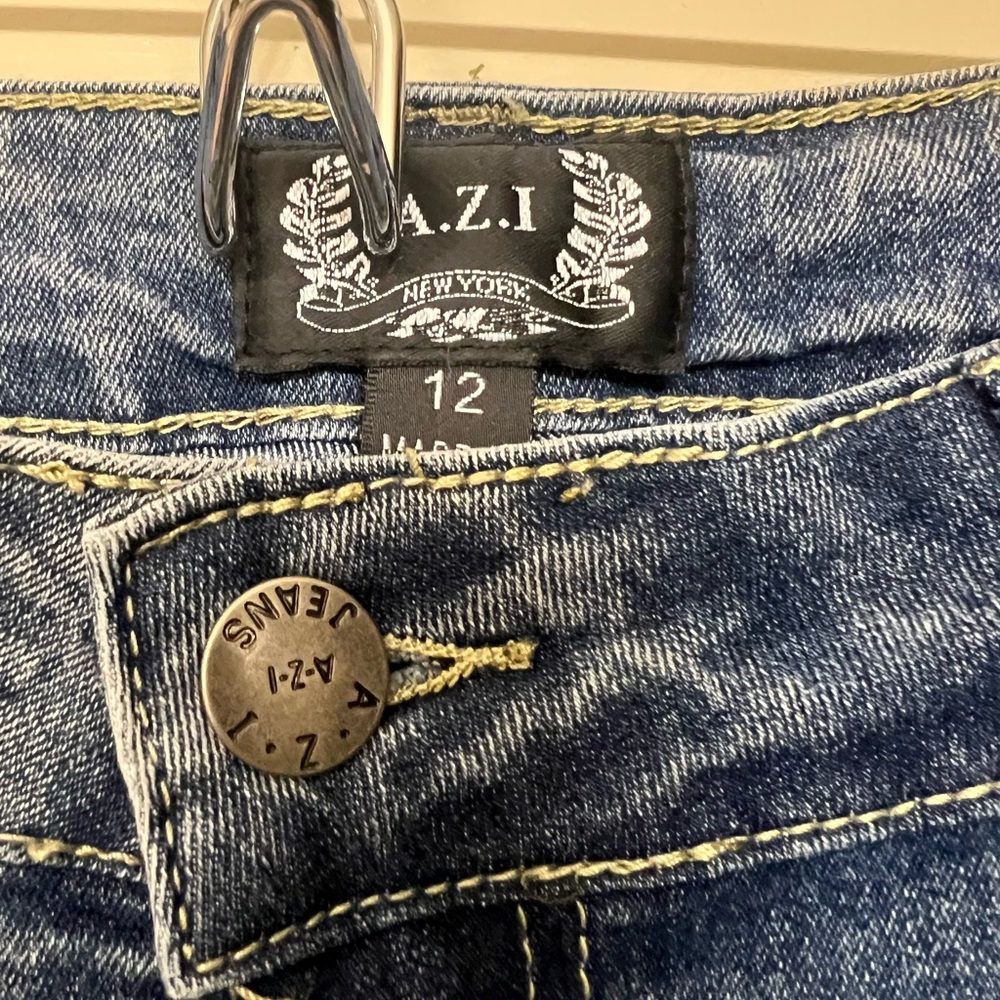 A.Z.I Blue Jewel & Rhinestone Embellished Flare Front Slit Jeans - 12 - Picture 4 of 11